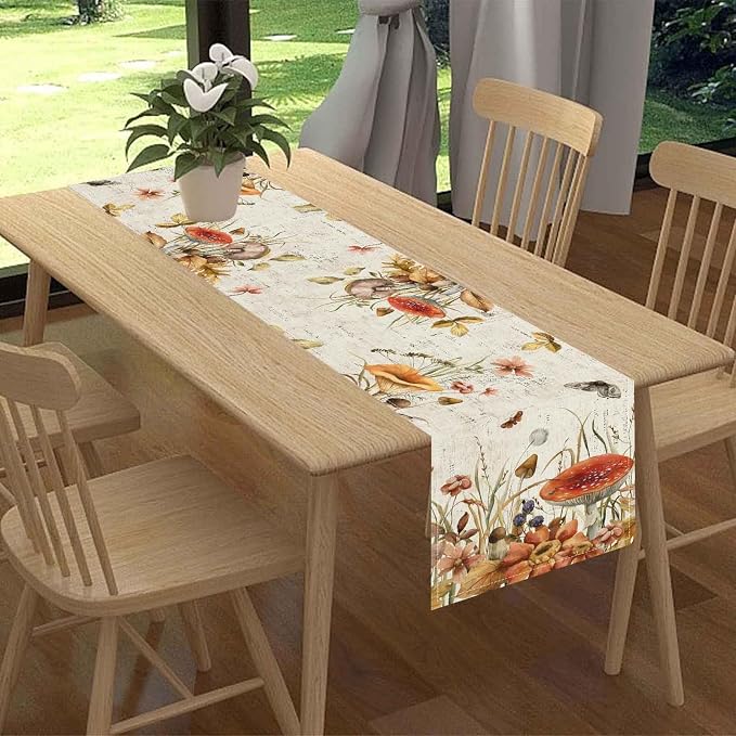 Mushroom Table Runner, Rustic Farmhouse Wildfloral Fall Autumn Leaves - Image 2