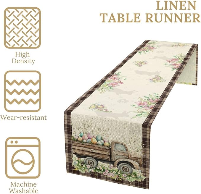 Easter Truck Table Runner, Rustic Brown Plaid Eggs Floral Bunny Spring Summer - Image 4