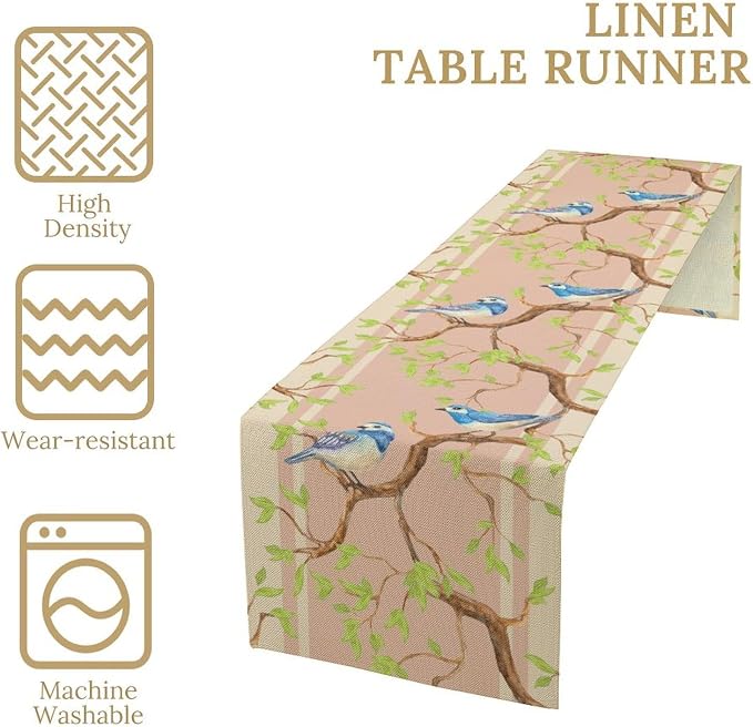 Watercolor Birds Table Runner, Spring Blue Bird Green Tree Table Runner - Image 5