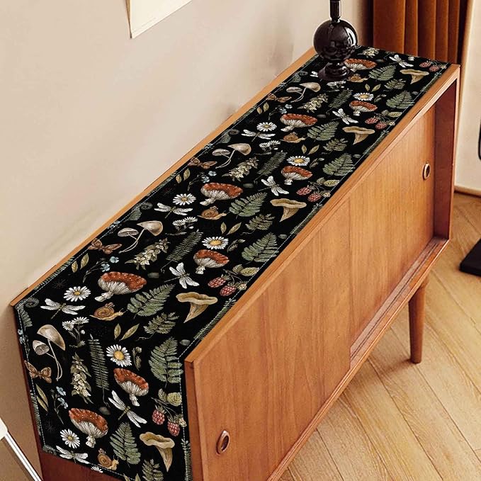 Mushroom Table Runner, Rustic Farmhouse Forest Plants Botanical Country Black - Image 3