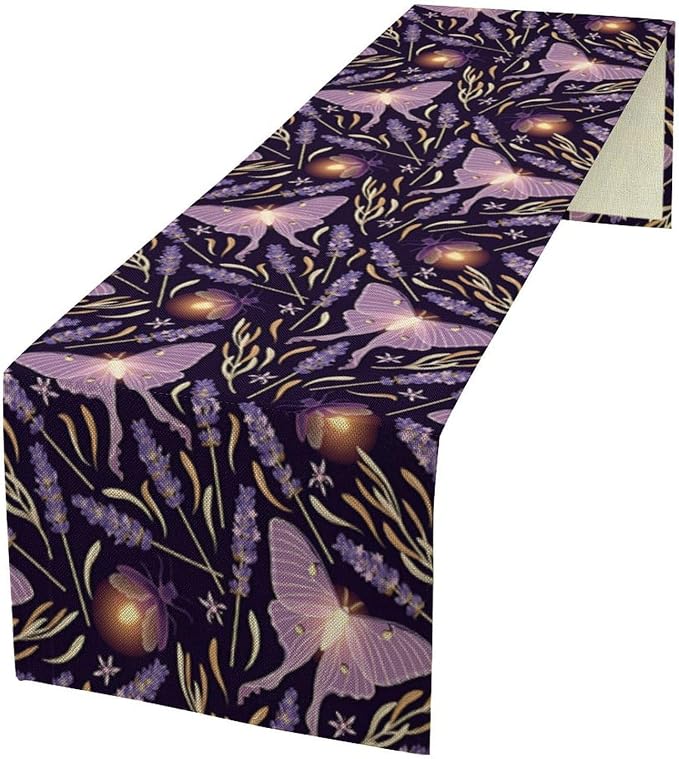 Purple Moth Table Runner, Retro Butterfly Flower Print Table Runner by Unknown