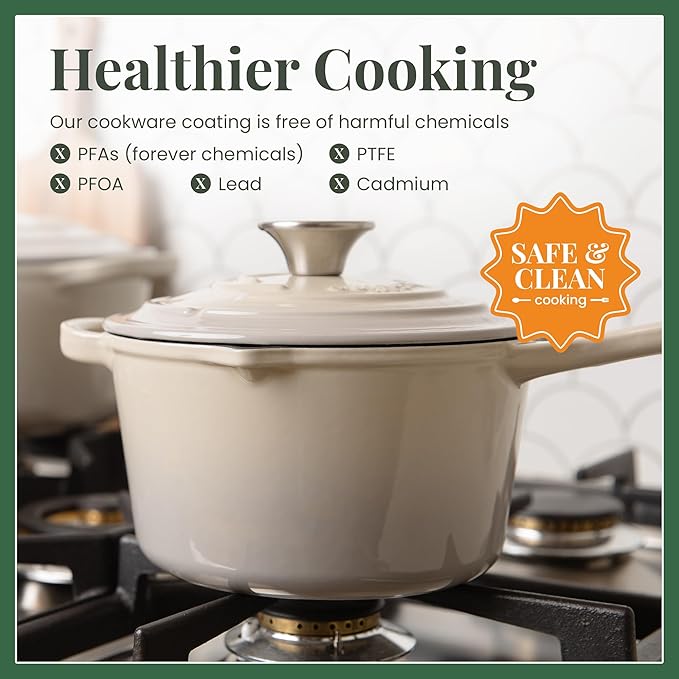 Saucepan with Lid, 2.2 Quart Enameled Cast Iron, Stone Finish