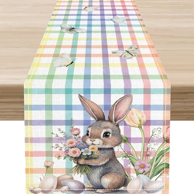 Happy Easter Table Runner, Rustic Watercolor Bunny Flowers Butterflies Eggs by Unknown