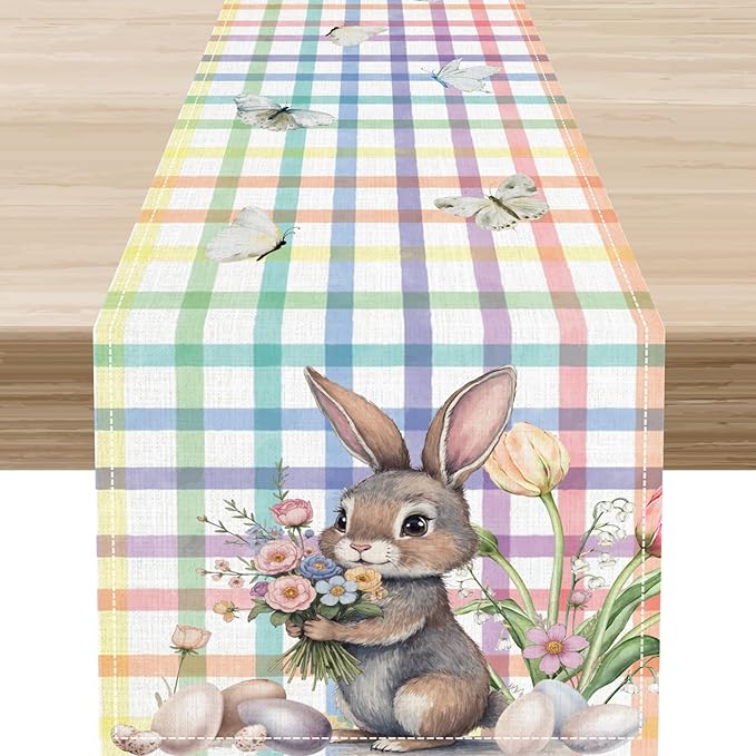 Happy Easter Table Runner, Rustic Watercolor Bunny Flowers Butterflies Eggs by Unknown