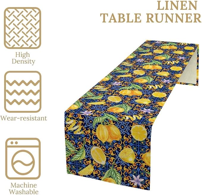 Yellow Lemon Table Runner Vintage Retro Summer Fruit Blue White Floral Printed - Image 7