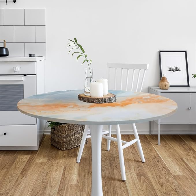Marble Ripple Orange Blue Round Table Cloth Cover, Elastic Edge Waterproof - Image 6