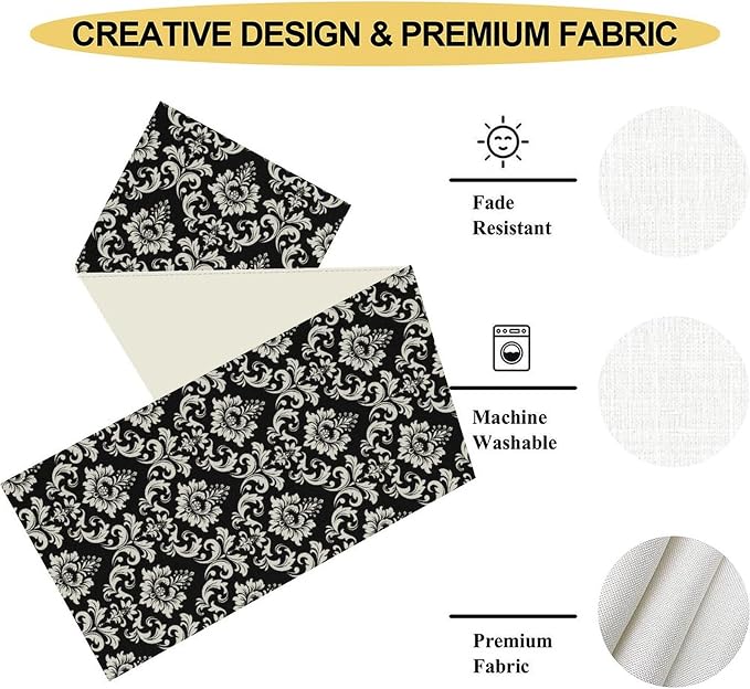 Black Damask Table Runner, Rustic Gothic Baroque Style Floral Boho Flower - Image 5