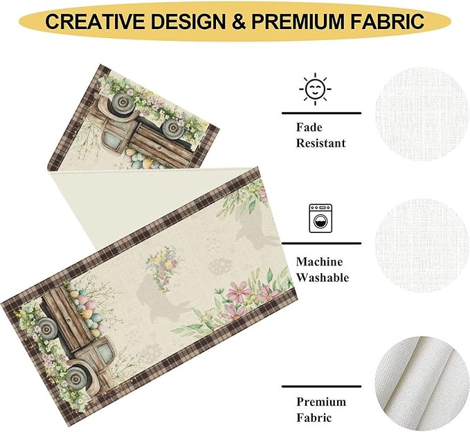 Easter Truck Table Runner, Rustic Brown Plaid Eggs Floral Bunny Spring Summer - Image 5
