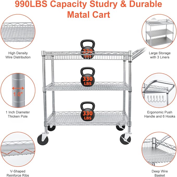 Heavy Duty Utility Cart, 990Lbs Capacity 3 Tier Rolling Carts - Image 4