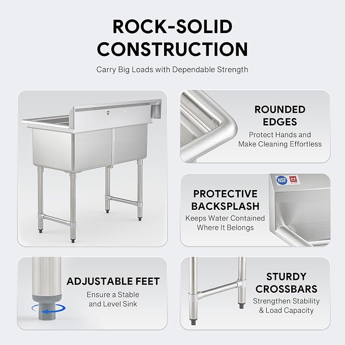 WILPREP 2-Compartment Sink, Freestanding Double Bowl Utility Sink, Work Station - Image 7