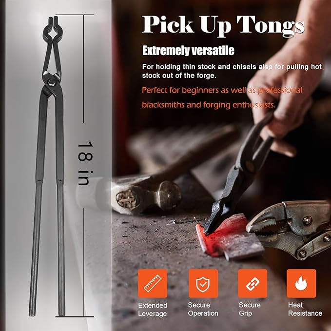 Tongs Blacksmith Forge Set, 6 Piece Alloy Steel with V-Bolt Jaws