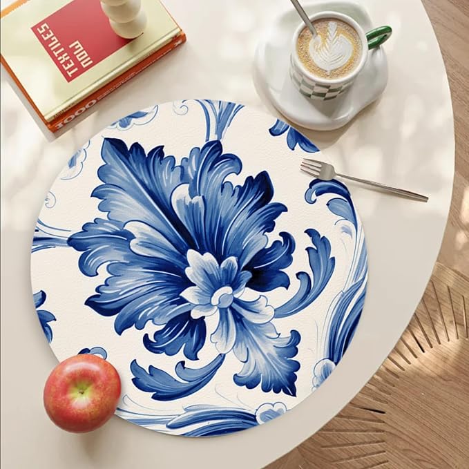 Faux Leather Placemats Set of 4, Watercolor Blue and White Porcelain Patterns - Image 4