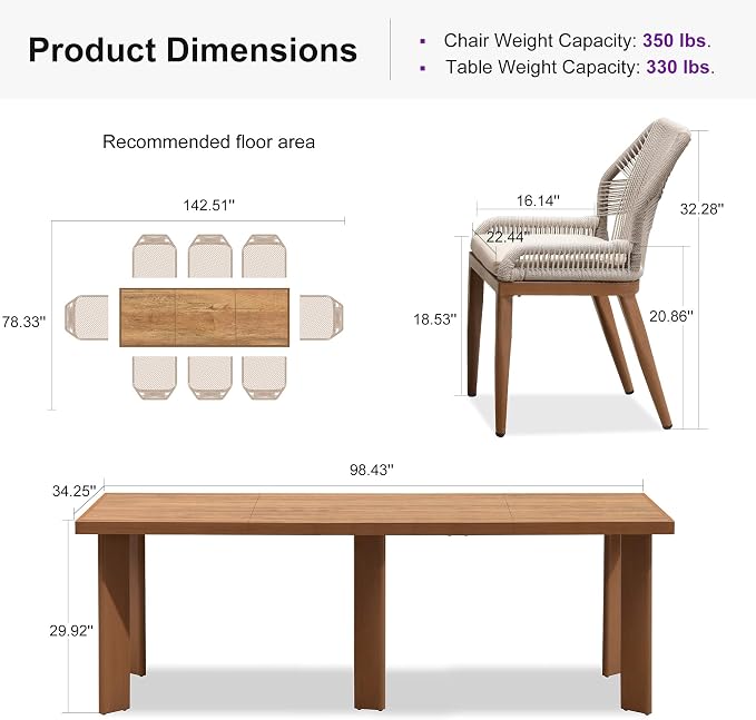 PURPLE LEAF 9 Pieces Dining Set Patio Metal Rectangular Table and Wicker Rattan - Image 9