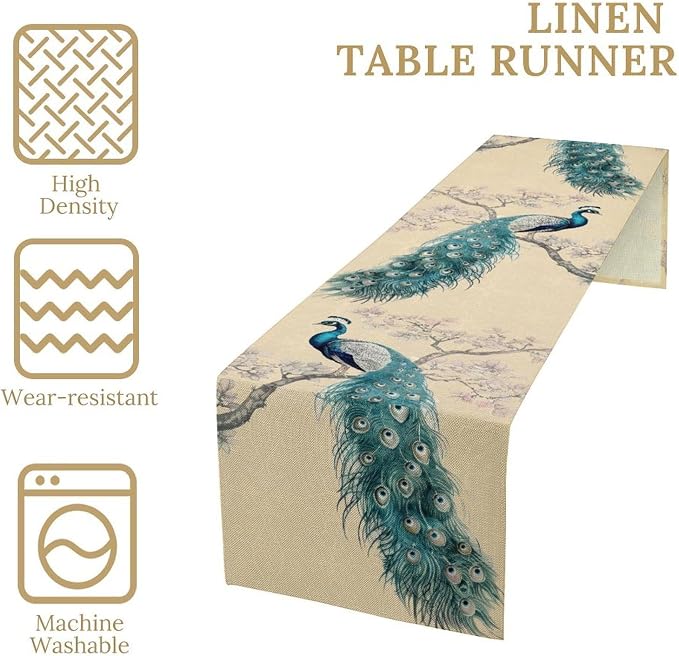 Peacock Table Runner, Retro Rustic Traditional Chinese Style Blossom Branch - Image 4