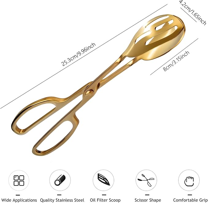 Tongs, 10-Inch Gold Stainless Steel Scissor-Style Serving Tongs, 2 Pack