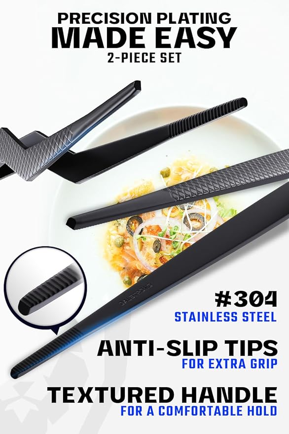 Tongs, 2-Piece Set, 6.5-Inch Black Stainless Steel Precision Grip