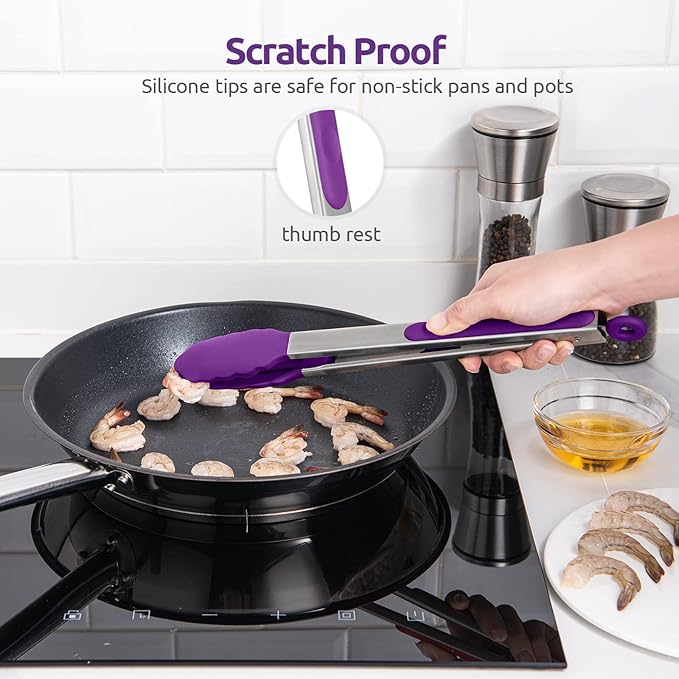 Tongs with Locking Handles and Silicone Tips, Purple 12 Inch