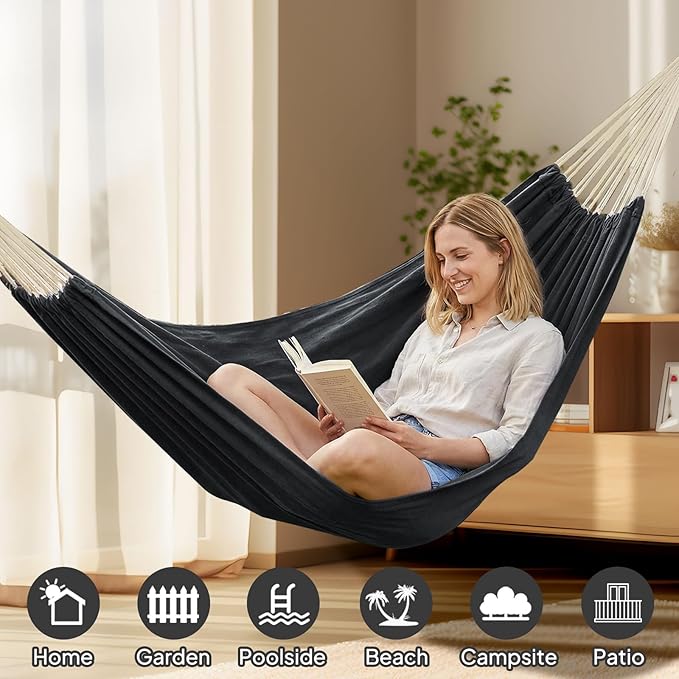Hammock in Dark Grey Cotton with 660 lb Capacity and Anti-Rollover Design