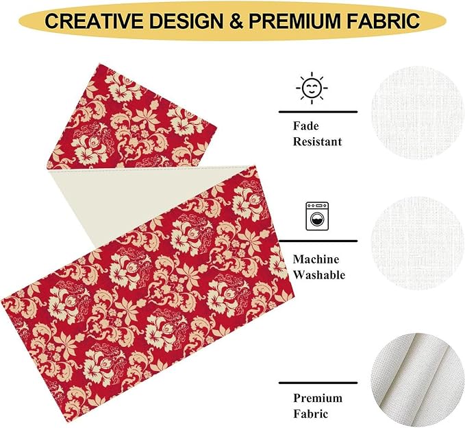 Damask Table Runner, Rustic Gothic Red Baroque Style Floral Boho Flower Antique - Image 5