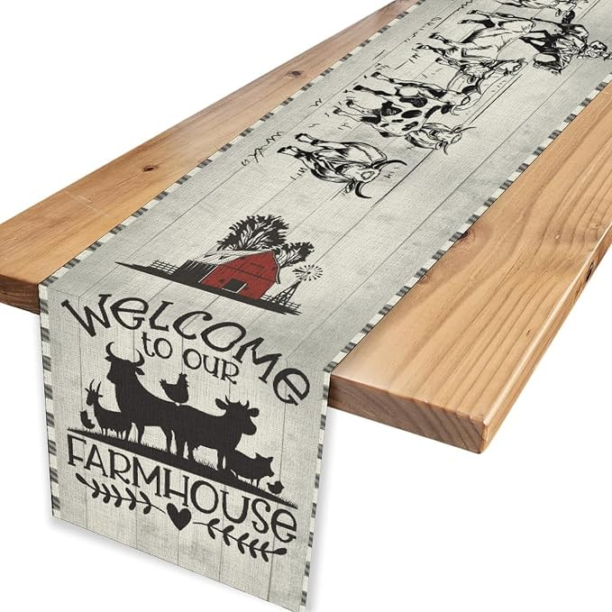 Farmhouse Cow Table Runner, Rustic Rooster Sheep Black White Plaid Animals Farm - Image 4