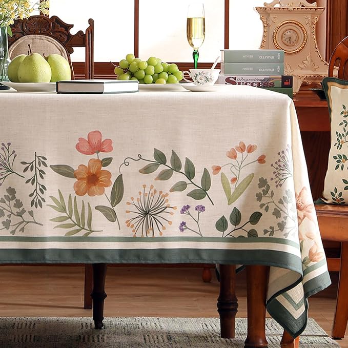 Beige Linen Rectangle Tablecloth, Vintage French Shabby Chic Floral Wrinkle - Image 2