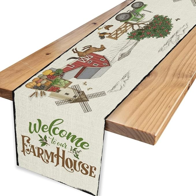 Farmhouse Horse Table Runner, Rustic Rooster Truck Tree Butterfly Animals - Image 4