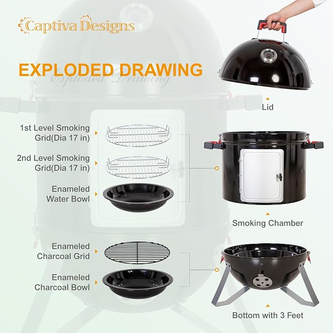 Captiva Designs 18-inch Vertical Charcoal Smoker Grill - Image 4