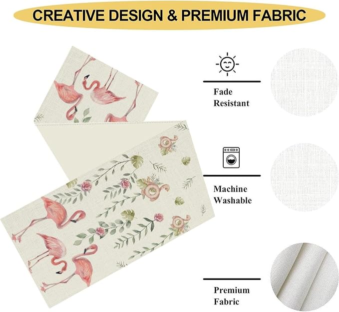 Flamingo Table Runner, Rustic Boho Grey Leaf Pink Rose Floral Tropical Bird - Image 5