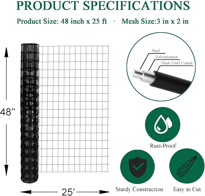 Black PVC Coated Welded Wire Fence 48 Inch x 25 Foot, 2 Inch x 3 Inch 16GA - Image 3