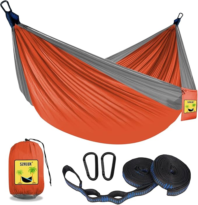 Hammocks, 2-Person Portable Camping Hammock, Orange and Grey, 500 lb Limit