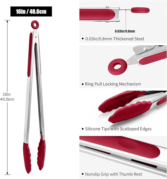 Stainless Steel Cooking Tongs, 17.2-Inch Red, 600°F Heat-Resistant Tips