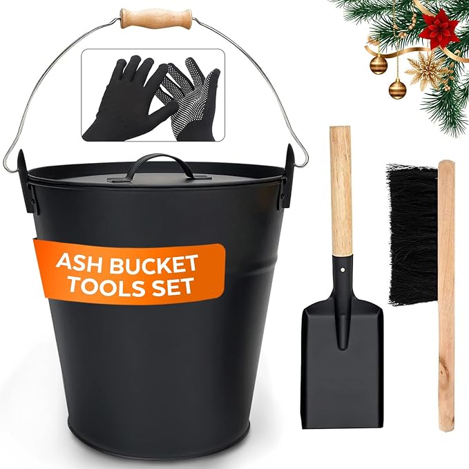 3.5 Gallon Ash Bucket with Lid and Shovel, Metal Fireplace Ash Bucket with Broom by WelcometoMinimalisthome