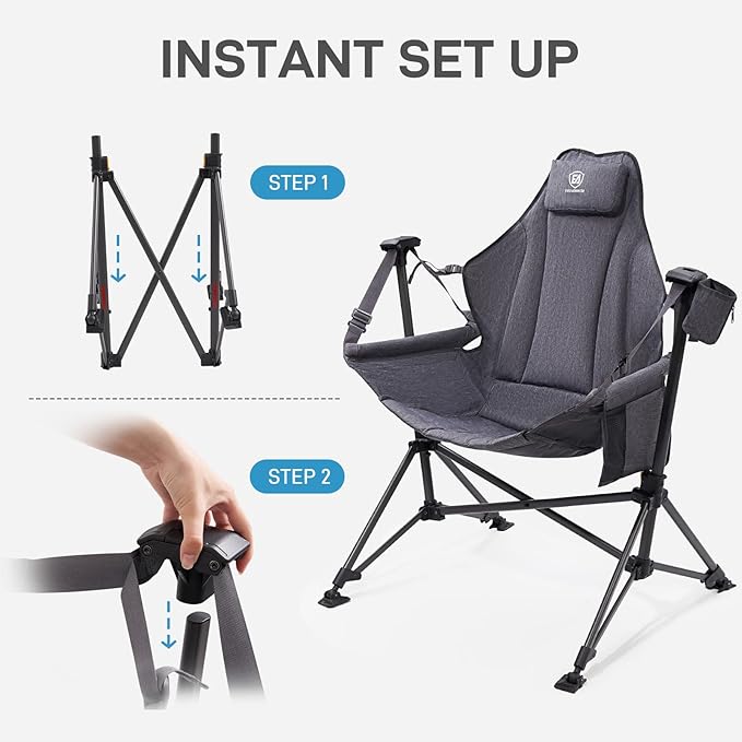 Camping Rocking Chair, Padded Oversized, 400 lb Capacity, Grey