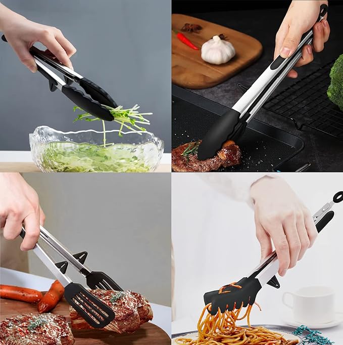 Tongs Set, 4 Piece Stainless Steel Kitchen Tongs with Silicone Tips