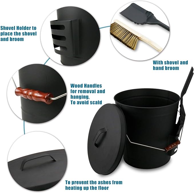 Uniflasy Ash Bucket with Lid, Shovel and Hand Broom, 5.2 Gallon Metal Coal Ash - Image 4