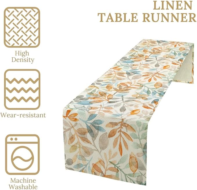Fall Eucalyptus Leaf Table Runner, Autumn Orange Blue Leaves Harvest - Image 3