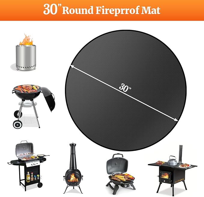 Grill Pad Floor Mat, 30-Inch Round, Fireproof Silicone-Coated