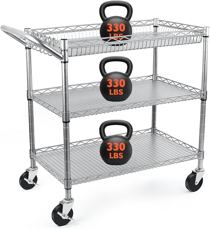 Heavy Duty Utility Cart, 990Lbs Capacity 3 Tier Rolling Carts by BolDuckDirect