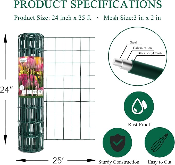 Green PVC Coated Welded Wire Fence 24 Inch x 25 Foot, 2 Inch x 3 Inch 16GA - Image 3