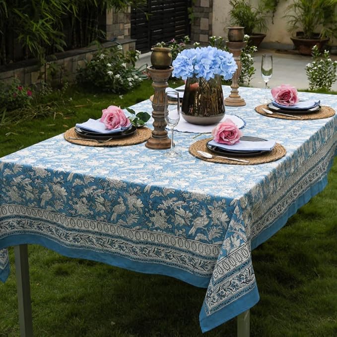 CPC Blue Sapphire 80X120 Inch Rectangle Tablecloth Cotton Indian Block Print - Image 5