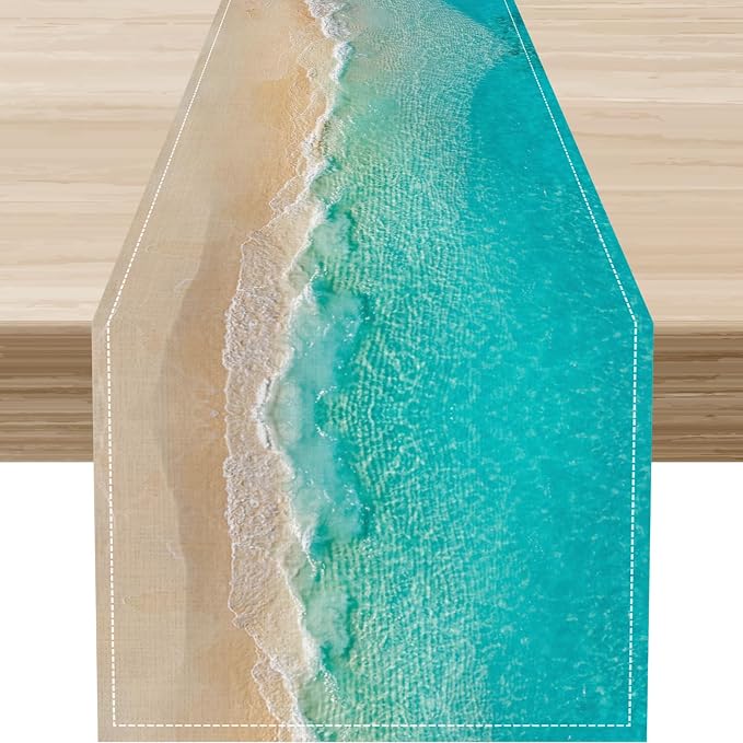 Blue Sea Waves Table Runner, Summer Turquoise Tropical Beach Sandy Ocean Clear by Unknown