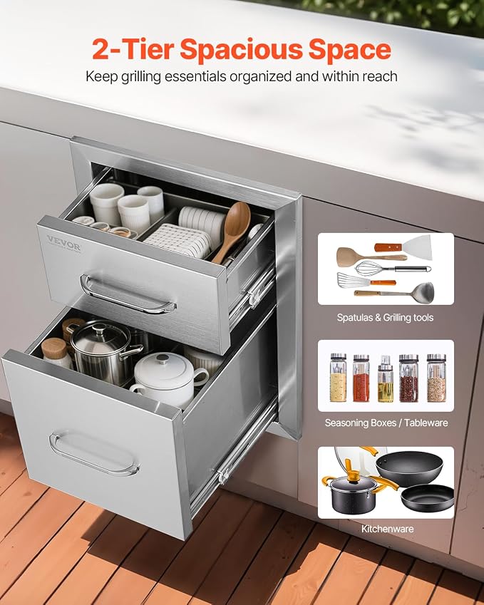 VEVOR Outdoor Kitchen Drawers 13" W x 20.5" H x 21" D, Flush Mount Double BBQ - Image 3