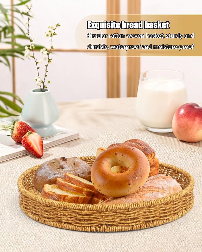 Woven Bread Basket, 3 Pack Wicker Fruit Baskets Rattan Bread Basket Poly Wicker - Image 4