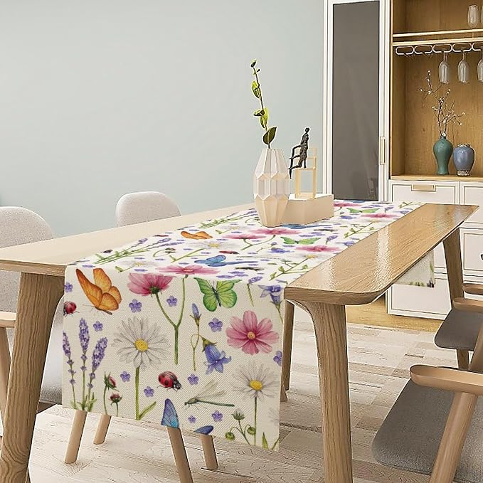Flower Floral Table Runner, Butterfly Wildflowers Daisy Spring Summer Rustic - Image 3