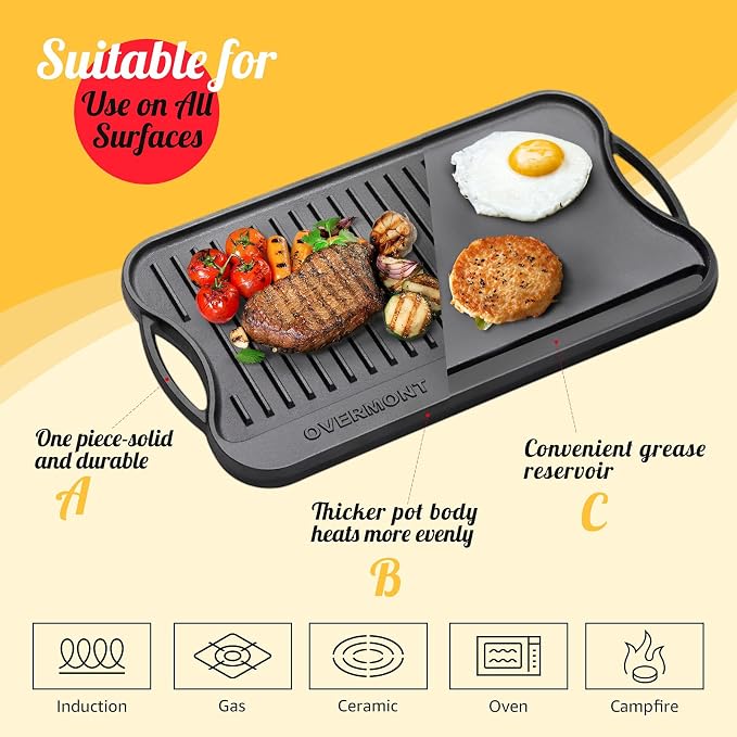 Overmont Pre-seasoned 17x9.8" Cast Iron Reversible Griddle Grill Pan - Image 3