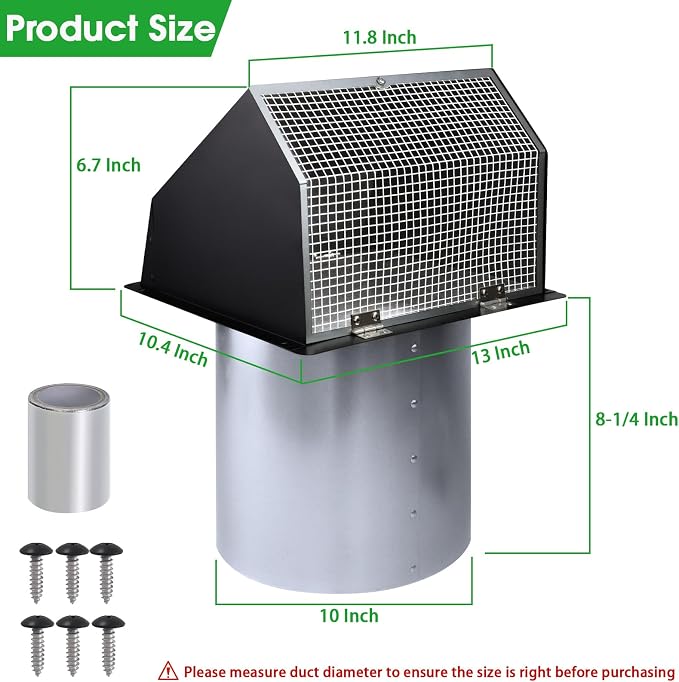 10 Inch Hooded Wall Vent with Screen and Damper, Outdoor Wall Exhaust Vent - Image 2