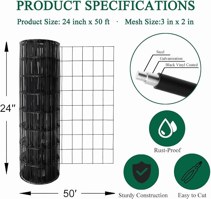 Black PVC Coated Welded Wire Fence 24 Inch x 50 Foot, 2 Inch x 3 Inch 16GA - Image 3