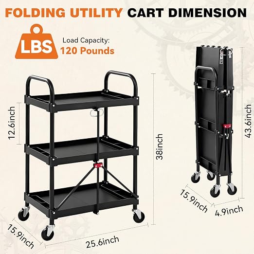DUMOS 3-Tier Folding Utility Cart, Collapsible Service Cart - Image 2