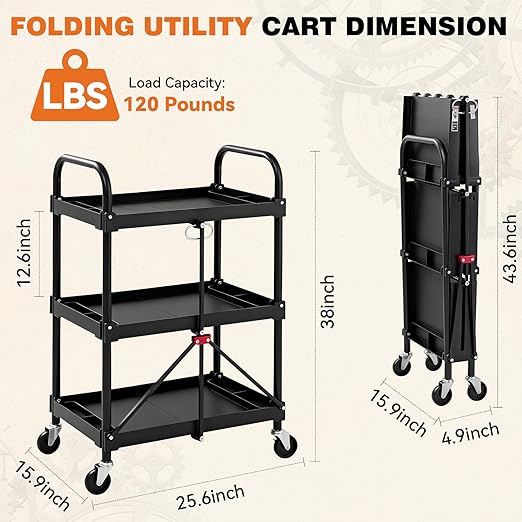 DUMOS 3-Tier Foldable Utility Cart Set of 2, Collapsible Service Cart - Image 4