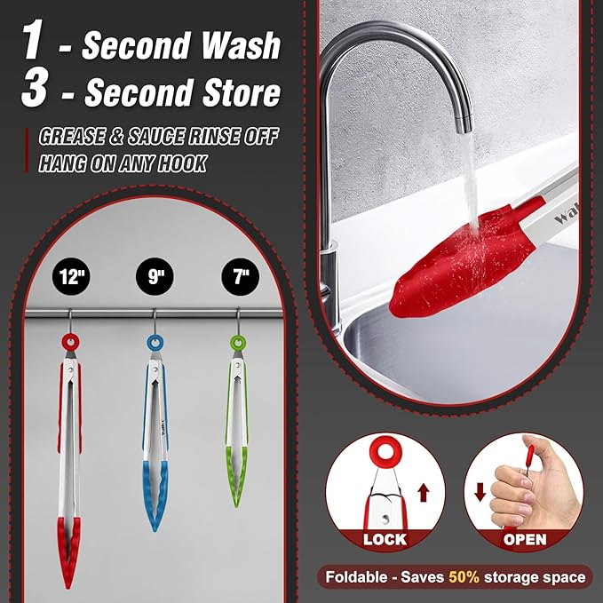 Silicone Kitchen Tongs Set, 3 Sizes 7, 9 and 12 Inch, Stainless Steel
